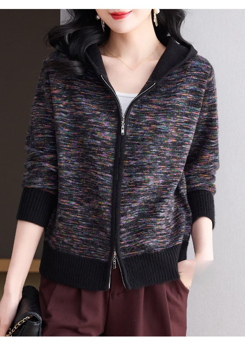 Rebeca De Punto Mujer, Sudadera con Capucha De Punto para Mujer, Color Beige, Mangas Largas, Cremallera Doble, Capucha, Punto De Cable Arcoíris, Sudaderas, Abrigo Informal, Elegante, Cort
