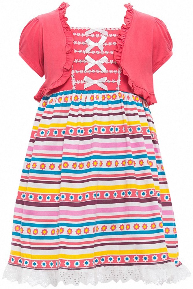 ToBeInStyle Girls Two Piece Short Sleeve Dress and Matching Bolero Crop Cardigan Assorted Prints Cotton Blend Summer Outfit