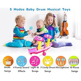 Kids Drum Set for Toddlers, Toddler Drums Toys for Girl with 2 Sticks, Beats Flash Light and Microphone Baby Drum Sets Girl Gifts First Birthday Gifts