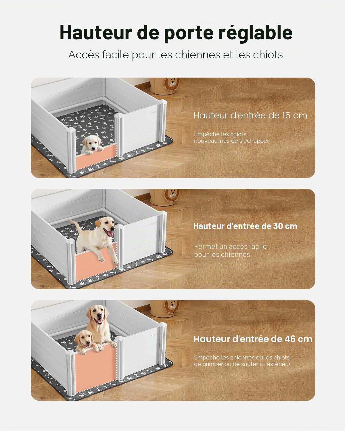 VEVOR Parc de Mise Bas pour Chien 122x122x46 cm Caisse de Mise Bas pour Chiots avec Porte Réglable en Hauteur Tapis d'Urine Lavable Boite de Naissance en Plastique PVC
