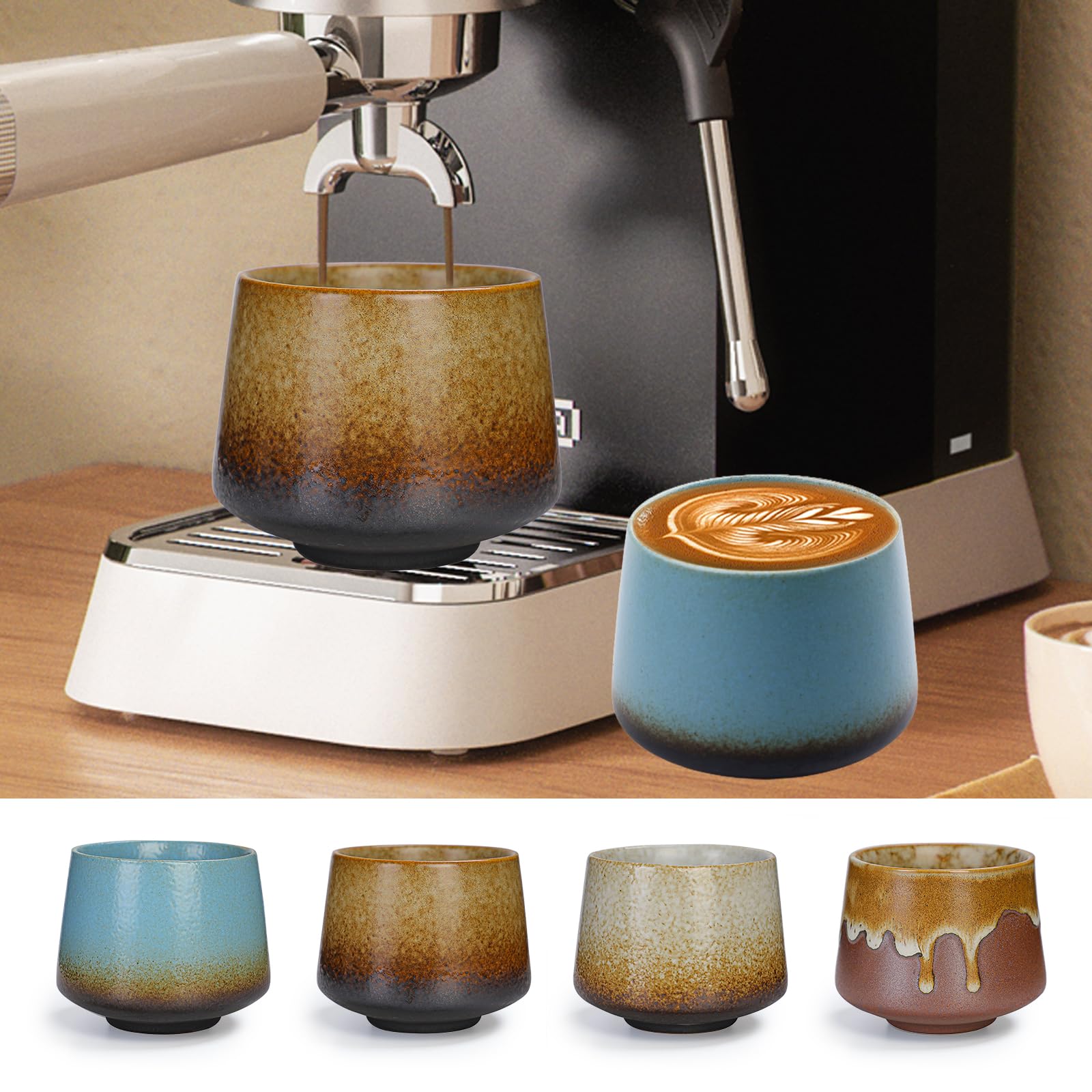 Set di 4 tazze da caffè da espresso, 200 ml, in porcellana, realizzate a mano, piccole tazzine da caffè, tazze da espresso, a parete spessa, per espresso, moka, macchiato, tè