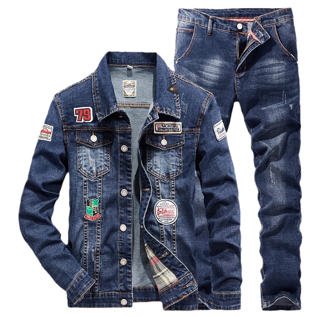 Hcclijo Motorrad Bikers Denim zweiteiliges Set Jacke Jeans Herren Sets Streetwear Oberbekleidung Hosen Sets Blau L 30