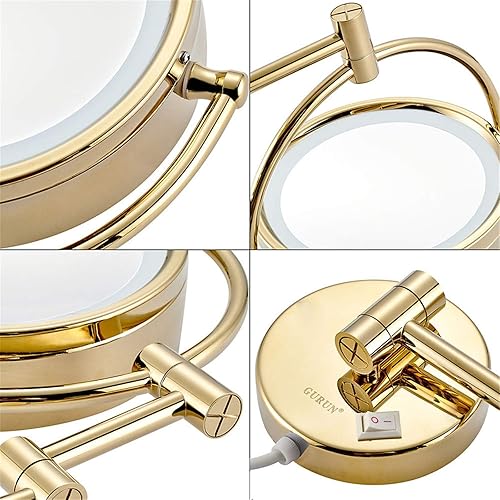 Miniatura 6 de AMHIL Espejo de maquillaje dorado montado en la pared, espejo iluminado LED de doble cara de 8 pulgadas, extensible giratorio de 360 con interruptor