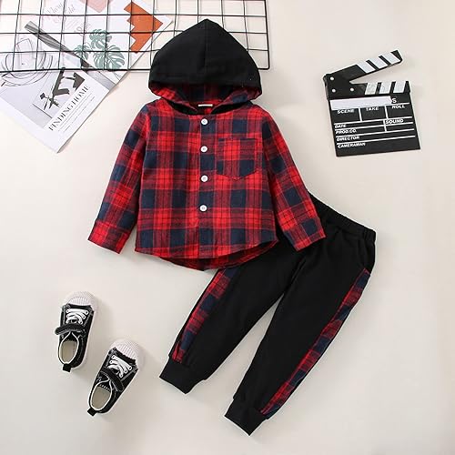 Miniatura 2 de Ropa para bebés y niños pequeños, conjuntos de otoño e invierno, con botones, camisa a cuadros con capucha y pantalones