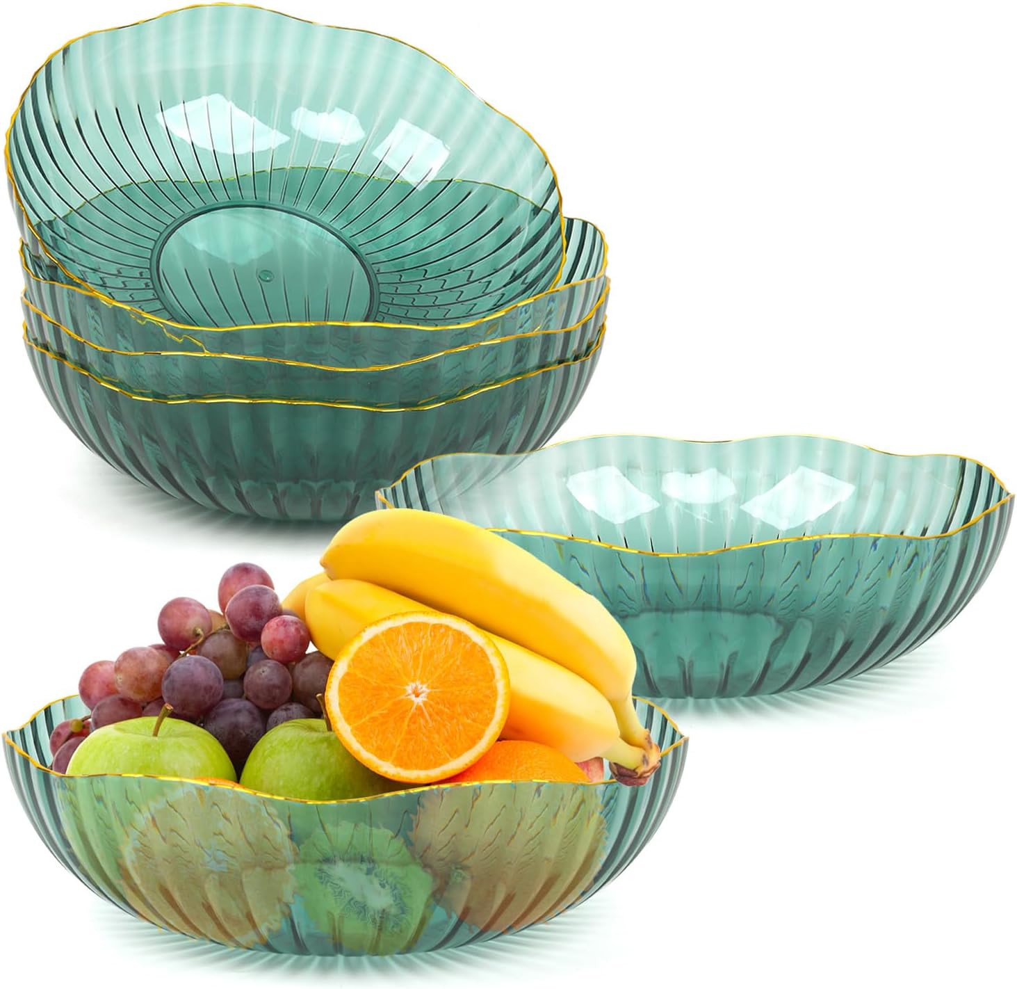 Plastic Serving Bowls, 6 Pack 74 Ounce Large Plastic Bowl Break Resistant Chip Bowl For Salad, Fruit, Popcorn, Chip And Dip, Multicolor (Clear green)