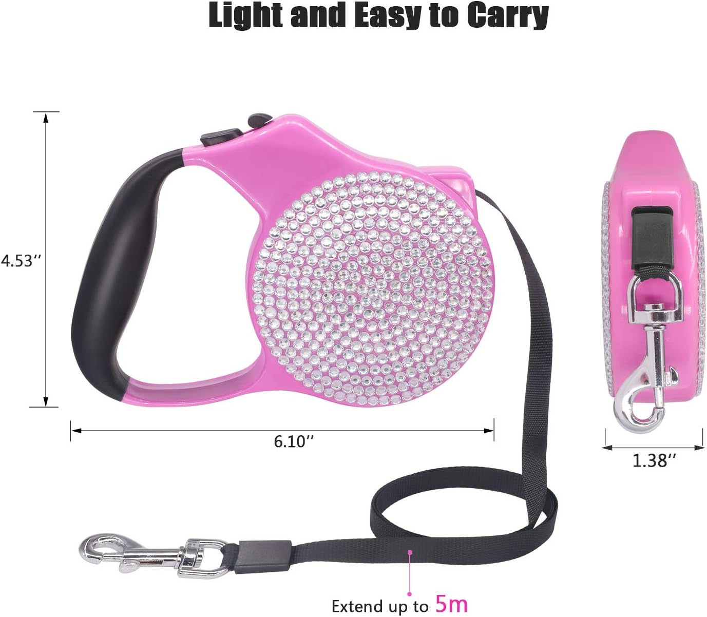 Soleebee 5M Retractable Dog Leash with Anti-Slip Handle Button Break&Lock Design, Bling Rhinestones Crystal Dog Walking Lead for Small Dogs Up to 33lbs(15KG) (Clear)