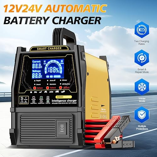 Miniatura 2 de Cargador de batería de 12 V 24 V para automóvil, resistente, mantenedor de batería automático de 0-15 A, apagado automático, modo de reparación,