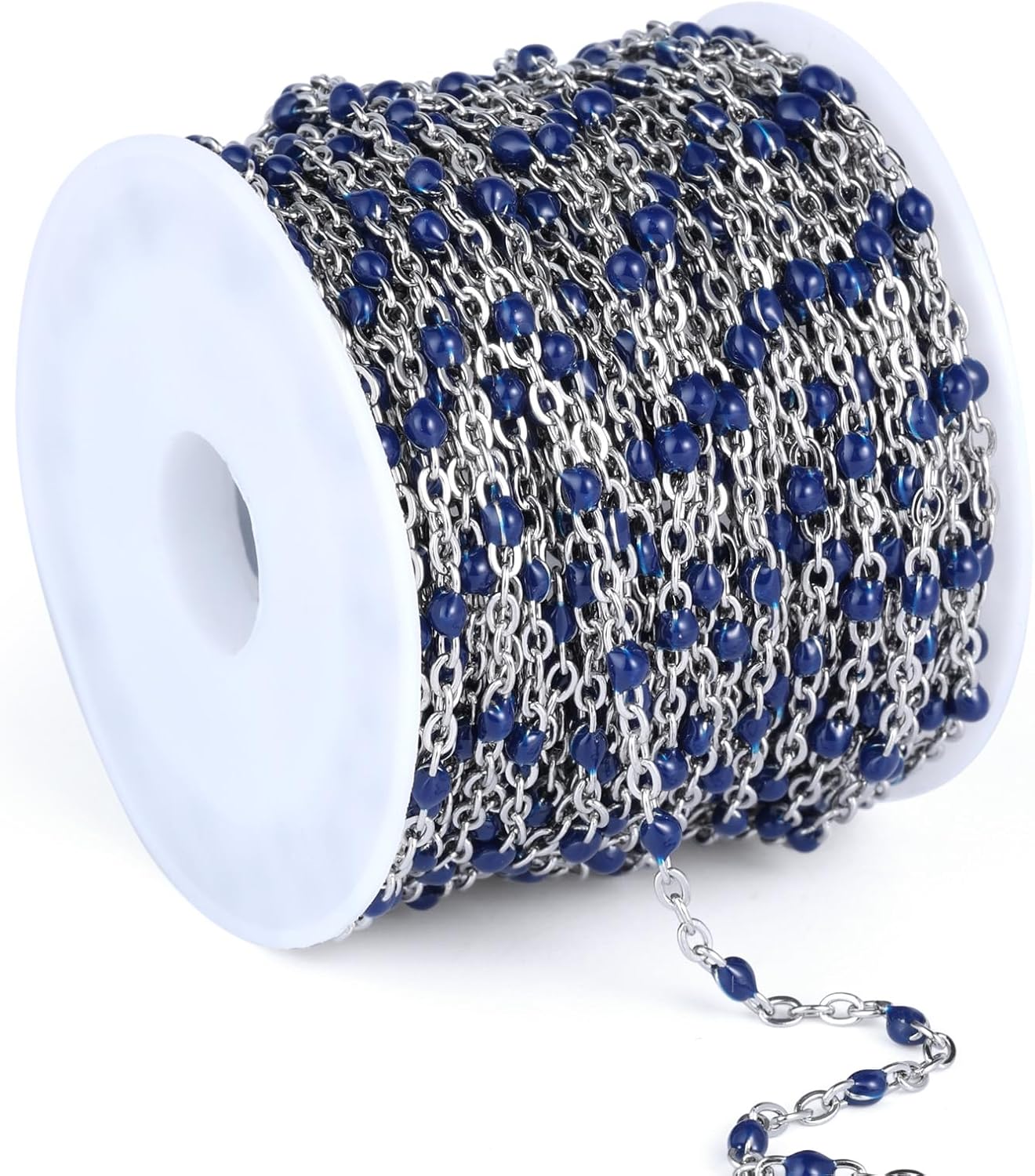 33 Feet Stainless Steel Enamel Chains Bulk, 2mm 304 Stainless Steel Navy Blue Enamel Beaded Cable Link Chain Roll Spool for Jewelry Making