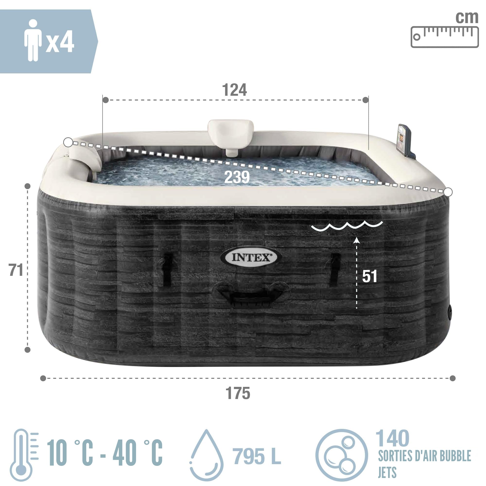 Intex Spa Gonflable carré Greystone Deluxe 4 Personnes, 175 x 175 x 71 cm, Chauffage 2 200 W, Bulles air Chaud, chlorateur salin, épurateur avec Filtre S2 (1 741 l/h), Accessoires Inclus (55093)