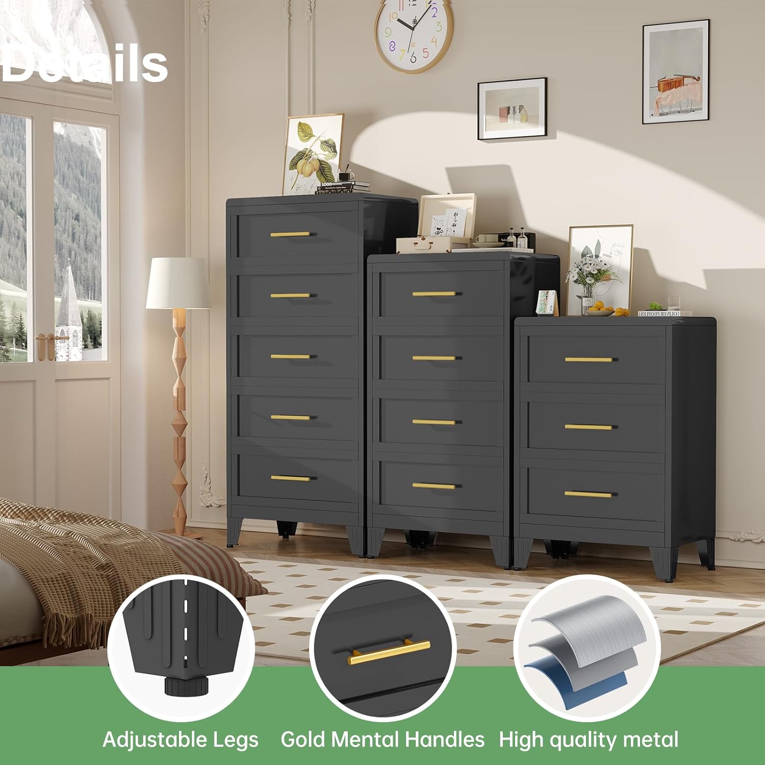 winiowa 3 Drawers Dresser for Bedroom, Metal Dresser & Chest of Drawers, Tall Storage Cabinet Drawers Organizer with Large Storage Space, Steel Chest of Drawers for Living Room, Hallway-Black