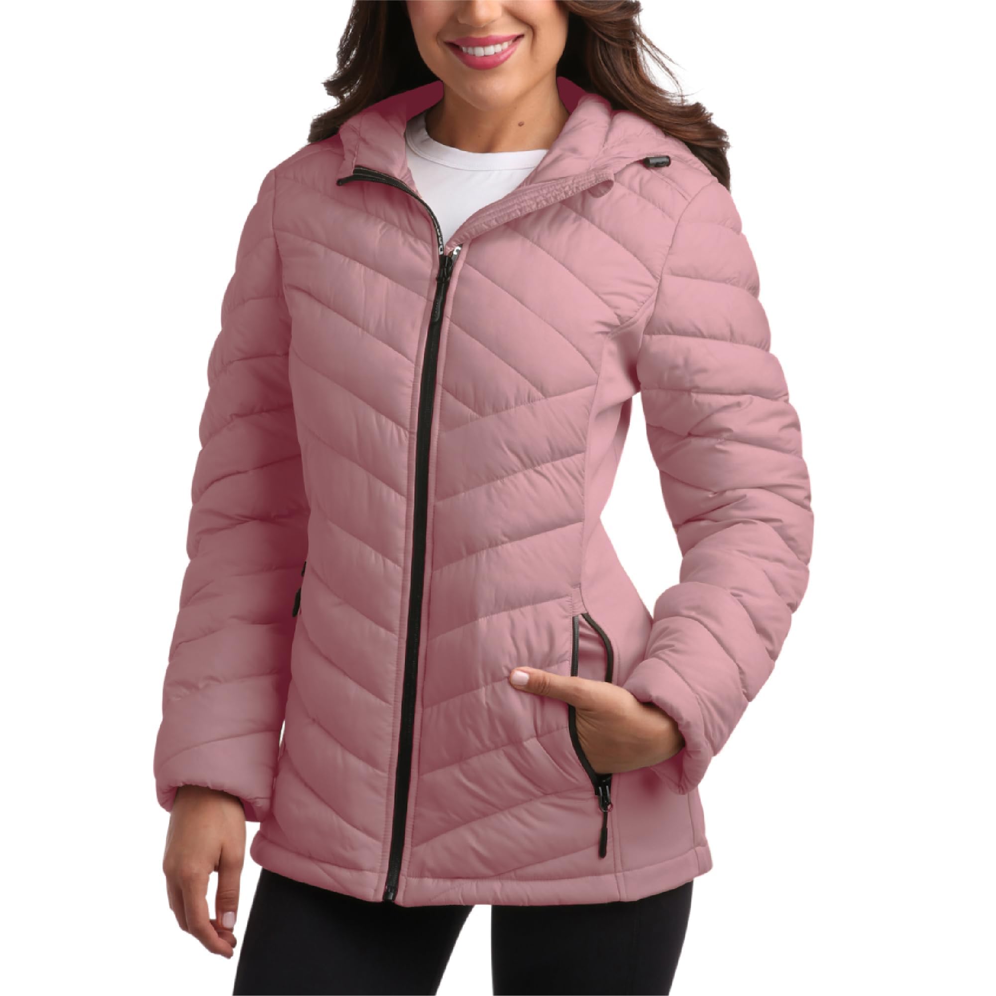 Reebok Women's Jacket - Lightweight Quilted Puffer Parka Coat with Flex Stretch Panels – Casual Jacket for Women (S-XL), Rose Pink, M