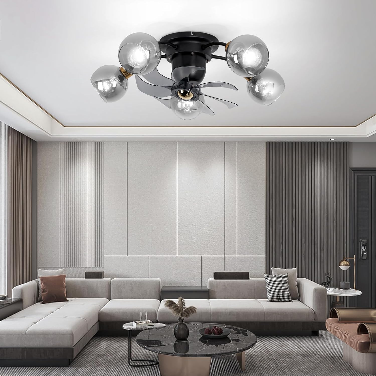 COCOSTAR Flush Mount Ceiling Fan with Light, Black and Gold Ceiling Fans with Smoky Glass for Dining Room, 6 Speed Reversible and Oscillating Blades, E26*5 Bulb Not Included 5 Glass Chandelier