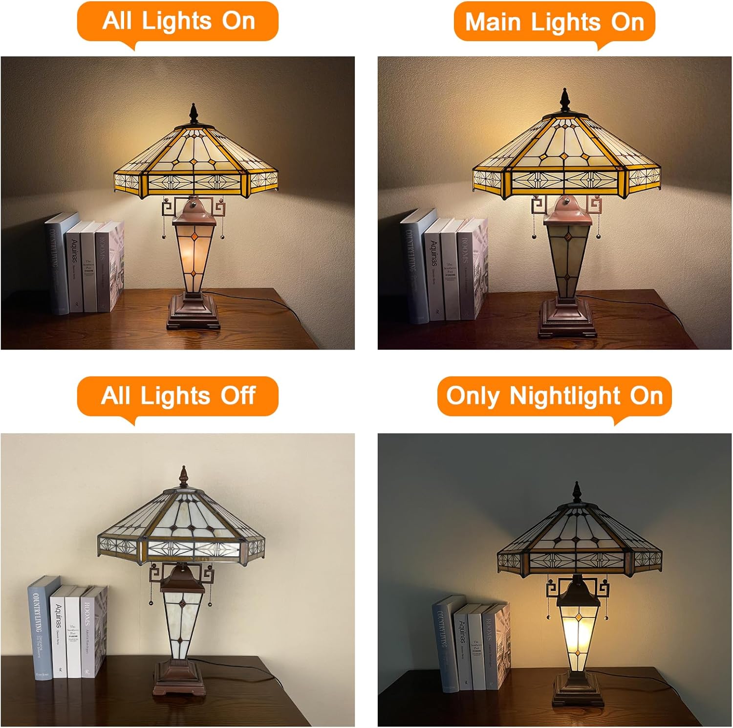 Capulina Tiffany Lamp Stained Glass Table Lamp 3-Lights 16X16X24 Inches Mother-Daughter Vase Cream Hexagon Tiffany Style Desk Reading Lamp Decor for Home Office Bedroom Living Room