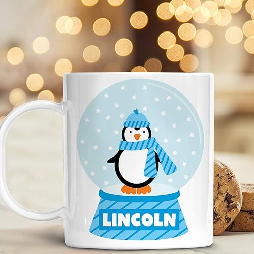 Personalized Snow Globe Penguin Christmas Cup with Kids Name Unbreakable Child's Mug | Dishwasher Safe | BPA Free