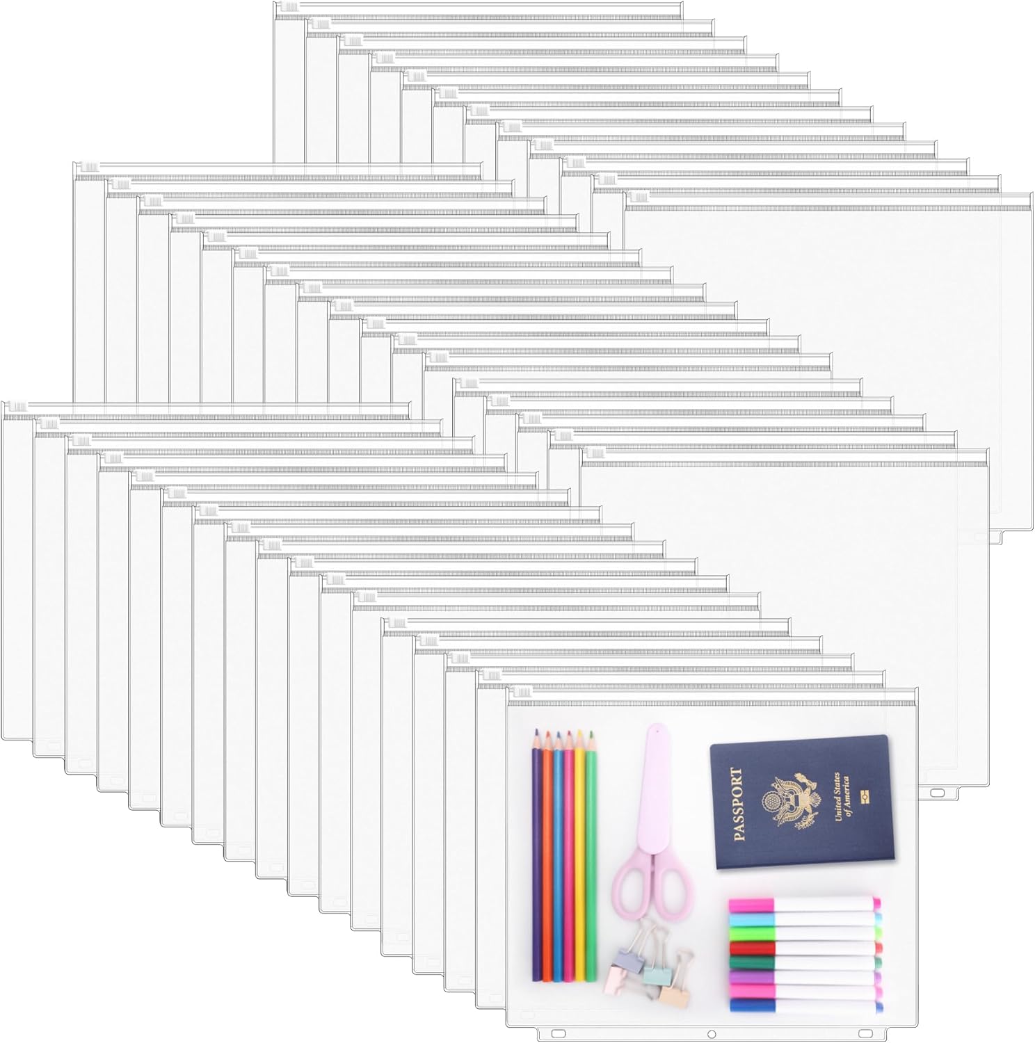 Antner 48 Pack Letter Size Binder Pockets for 3-Ring Binder Zipper Pouch Waterproof PVC Document Organizer 3-Hole Loose Leaf Folders File Sleeves Storage Bags Side Loading for Business Office Supplies