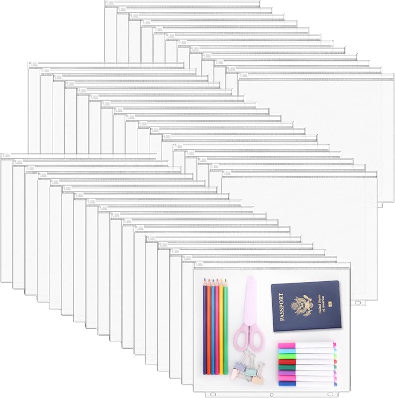 Paquete de 48 bolsillos tamaño carta para carpeta de 3 anillas, bolsa con cremallera, organizador de documentos de PVC impermeable, carpetas de hojas sueltas de 3 orificios, fundas para archivos, bolsas de almacenamiento, carga lateral para suministros de oficina comercial