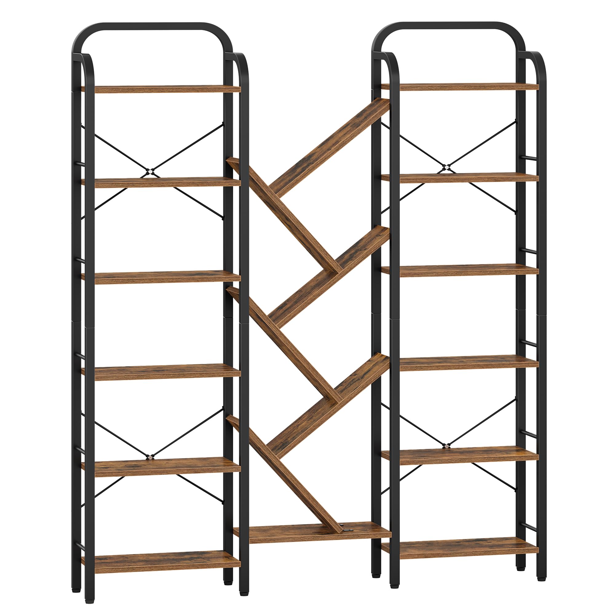 HEXCELEN Librería, Estantería de Árbol de 6 Niveles, Marrón Rústico y Negro | 18 Compartimentos, Estantería de Almacenamiento, Estantes Ajustable, 24 x 152 x 198,5 cm, para Estudio, Sala de Estar
