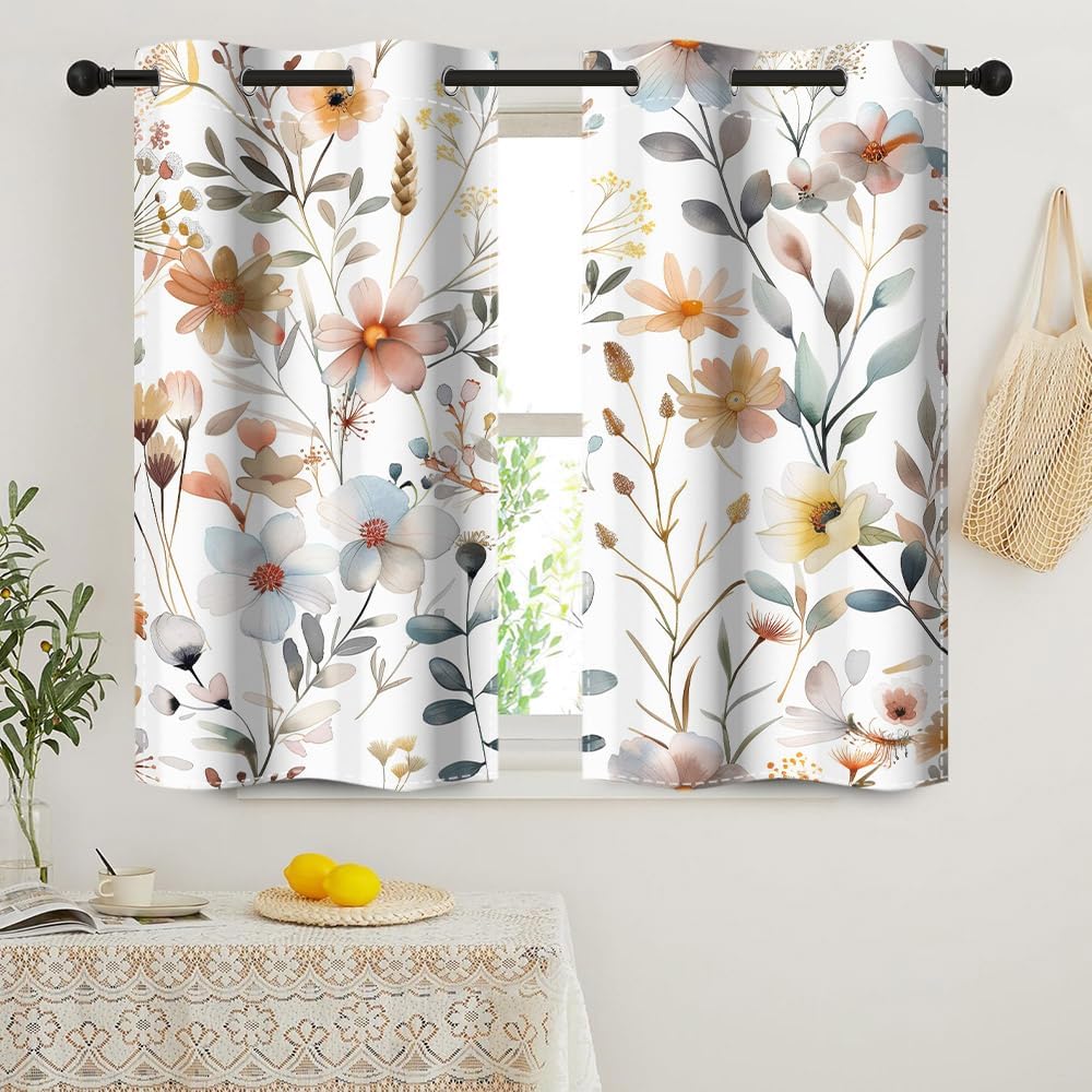Watercolor Daisy Floral Plants Blackout Curtains Colorful Flowers Eucalyptus Leaves Window Treatments Spring Floral Window Drapes Living Room Bedroom Kitchen Home Decor,26x45 inch,2 Panels