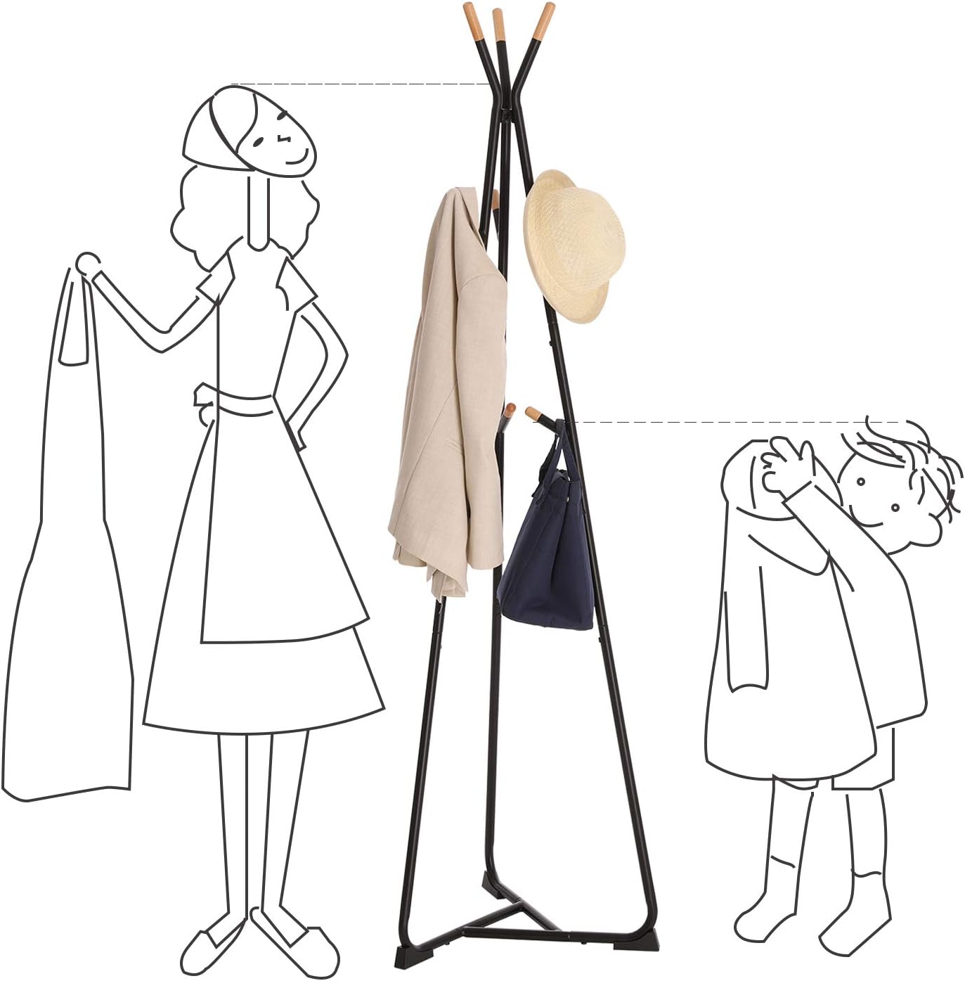 SONGMICS Coat Rack Stand, Coat Tree, Hall Tree Free Standing, with 9 Beech Wood Hooks, for Clothes, Hat, Bag, Black, Natural Grain