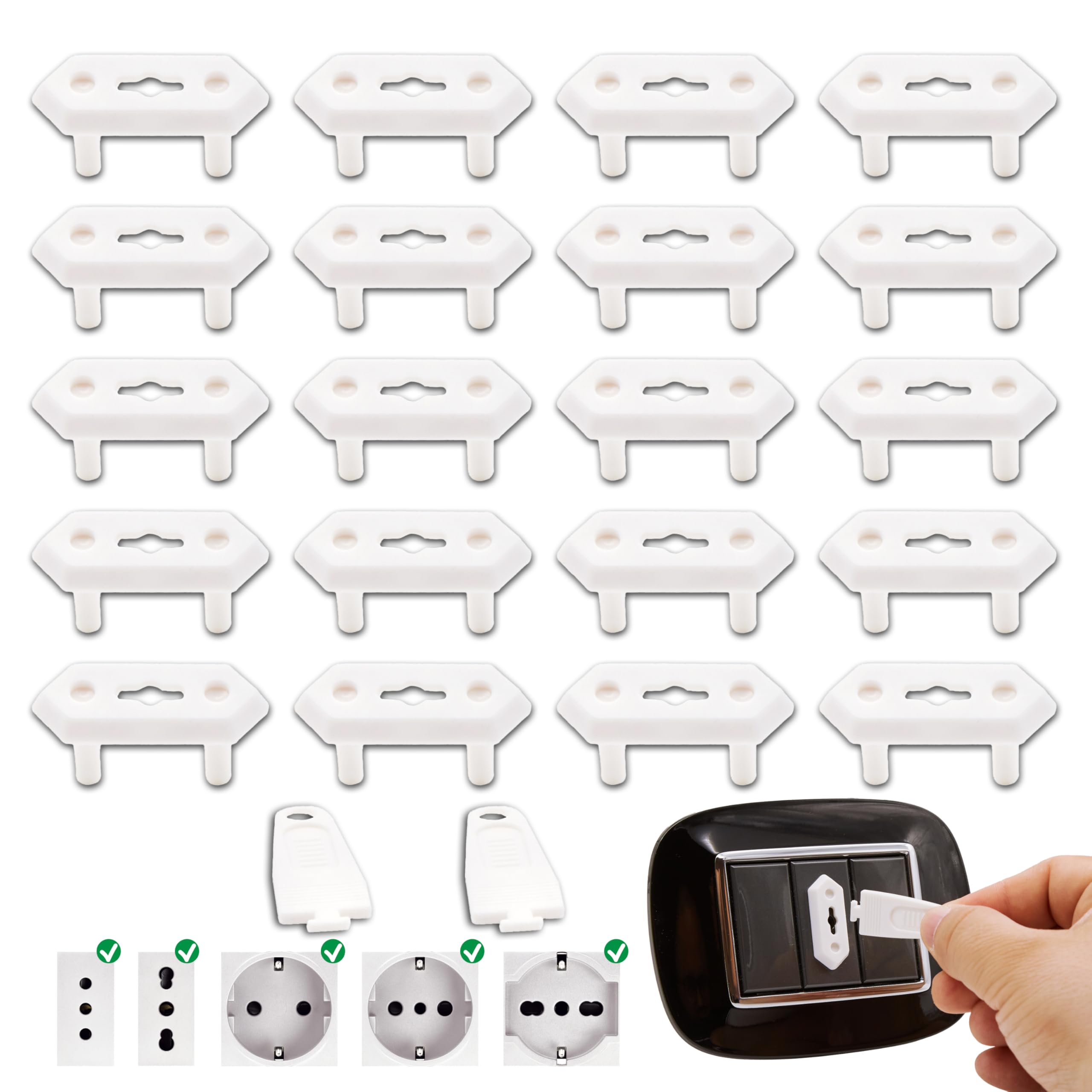 A&M Italia Copriprese per Bambini - 20 Copri Prese Elettriche in ABS Certificato EN-71 e 2 Chiavi