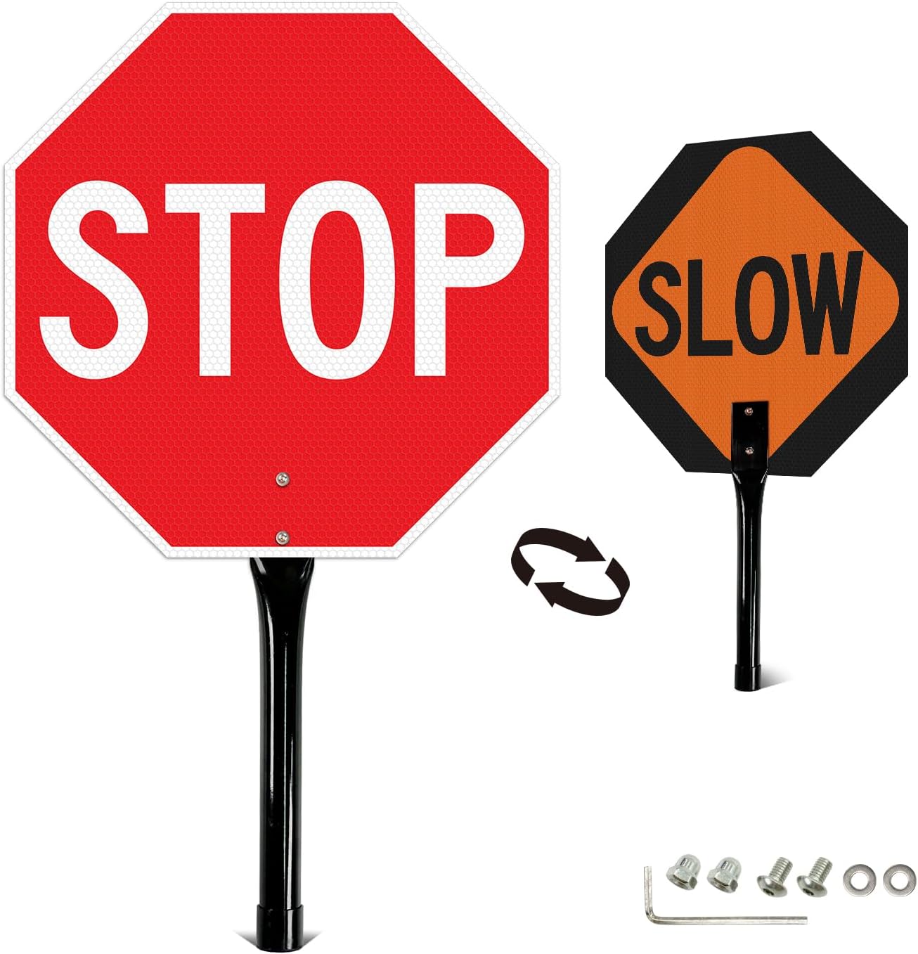 GicnKeuz 1 Pack Stop Slow Sign with Metal Handle, 18x18 inches Double Sided Slow/Stop sign, Traffic Reflective Aluminum Sign, Fade Resistant/Waterproof, Easy to Mount (Red & Orange)