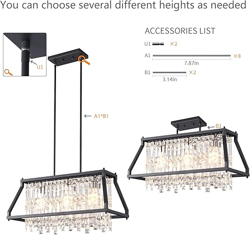 Miniatura 61 de LMQNINE Modernas lámparas colgantes negras para isla de cocina, lámpara de araña de cristal, iluminación colgante ajustable de granja para comedor