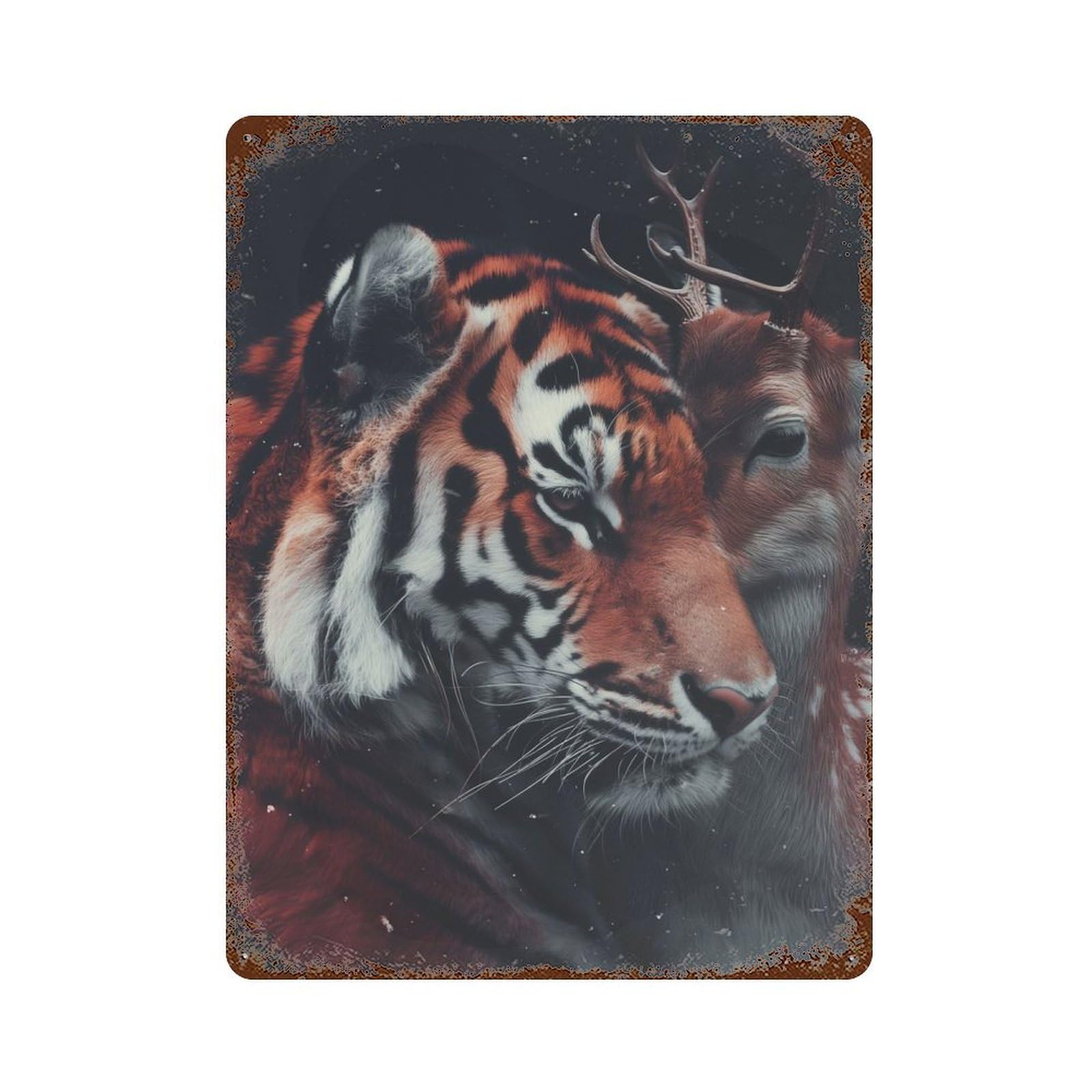 Bengal Tiger Deer Love Distressed Metal Wall Sign 15.7"x11.8", Ideal for Garage, Bar And Workshop Decor