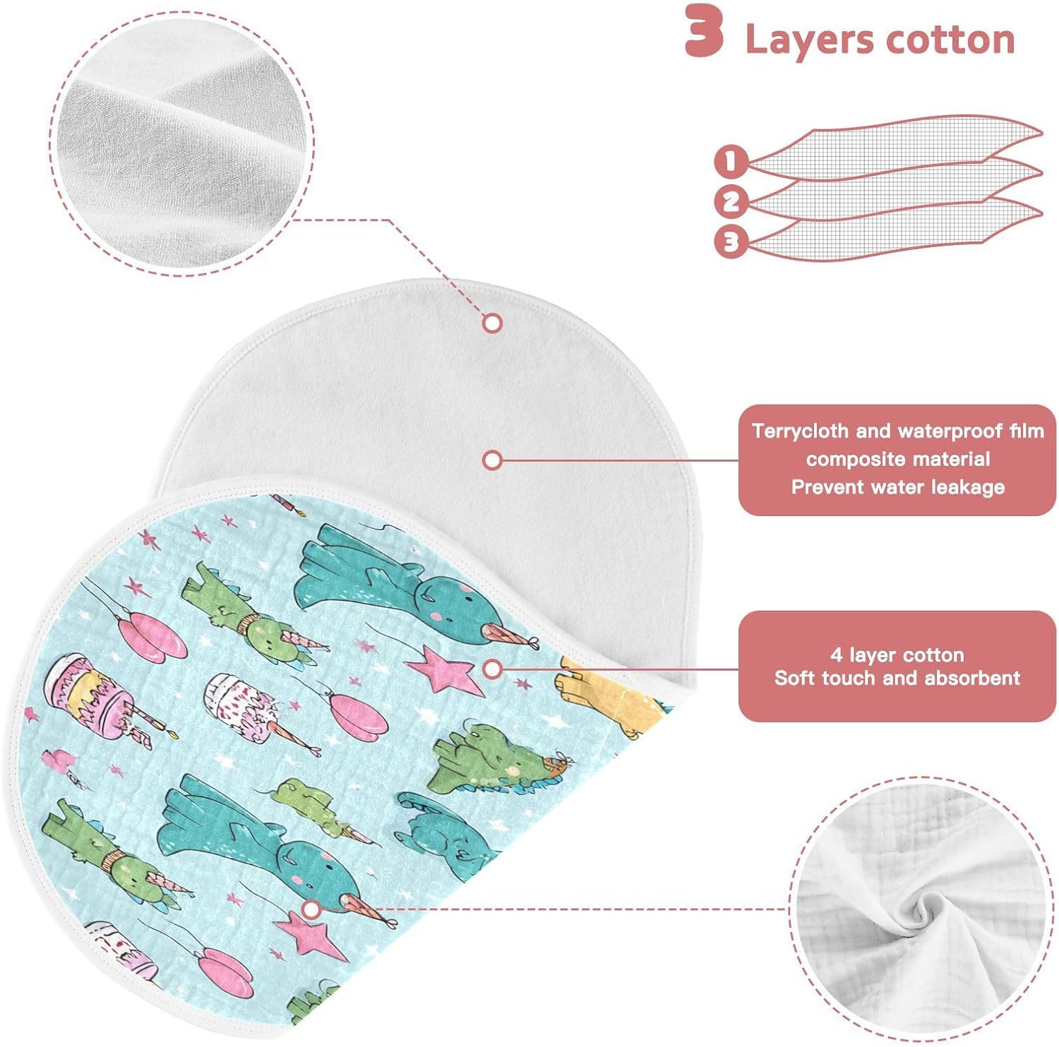 Cute Dinosaurs Baby Burp Cloths 4Pcs Soft Absorbent Muslin Washcloths Bibs Face Towel for Newborn Boys Girls 22 x 11 Inch