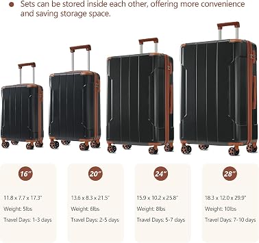 Black Brown 6 Piece Hardshell Luggage Sets, Durable and Lightweight ABS Travel Luggage with Spinner Wheels, TSA Lock, Carry On Suitcase for Family Trips