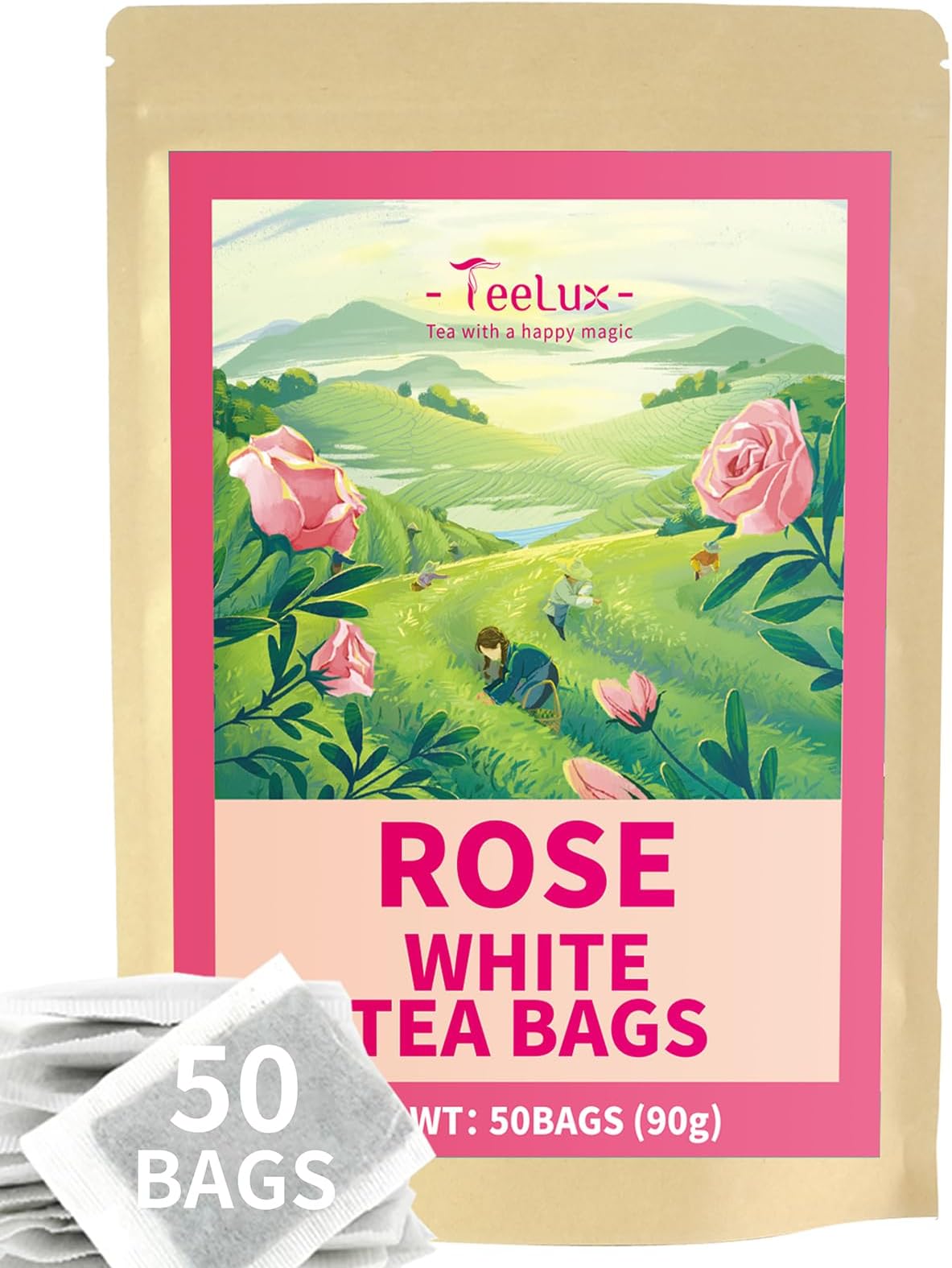 TeeLux Rose White Tea Bags 50 Count, Blend White Tea with Natural Rose Flavor, Smooth & Fragrant, Biodegradable Tea Bag