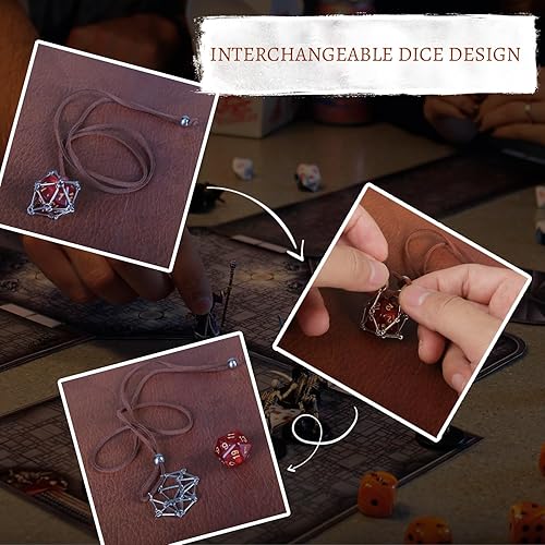 Miniatura 4 de DND D20 - Collar de dados  Colgante D20 extraíble con cadena de cuero de gamuza y jaula de acero sólido  Joyería geek para juegos de rol, accesorio