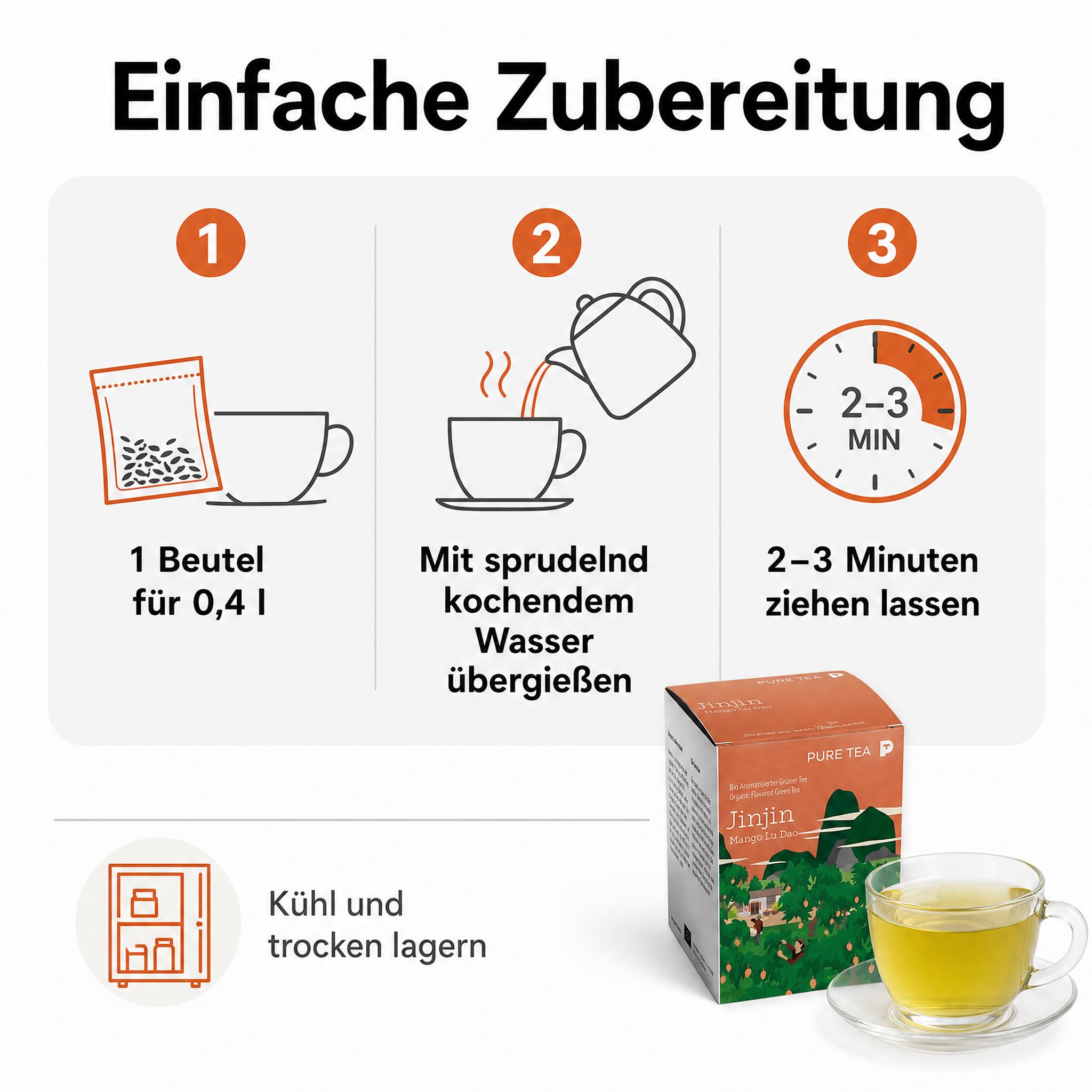 6 x PURE TEA Jinjin Grüner Tee Mango Lu Dao, aromatisierter Premium Grüntee in flachen Kissenbeuteln, je 15 x 3 g, einzeln verpackt, Dispenserbox 12 x 9 x 9 cm, glutenfrei