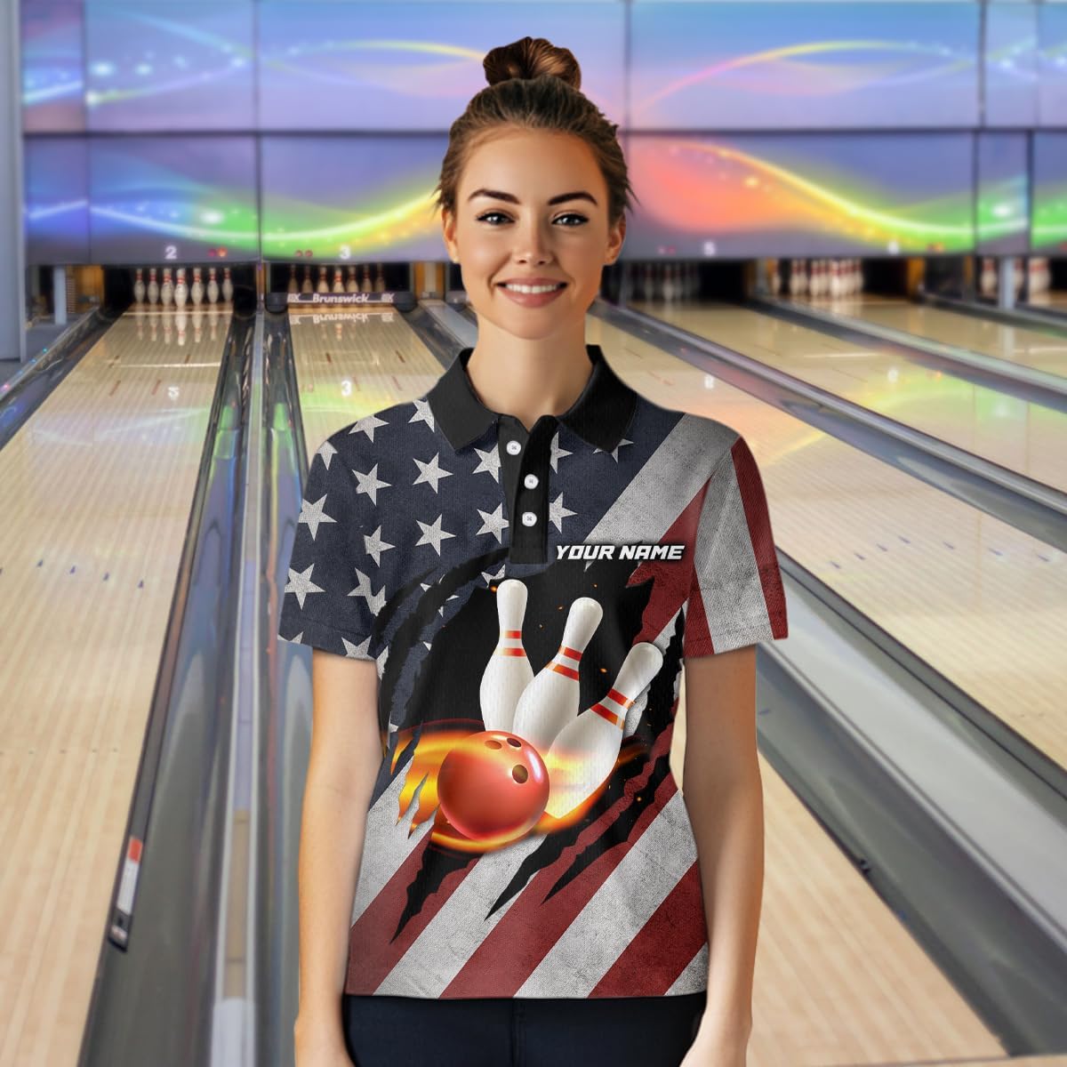 American Flag Bowling Shirts Custom Patriotic Bowling Jersey Bowl Polo Shirt for Men Women's Bowling 1/4 Zip Shirt