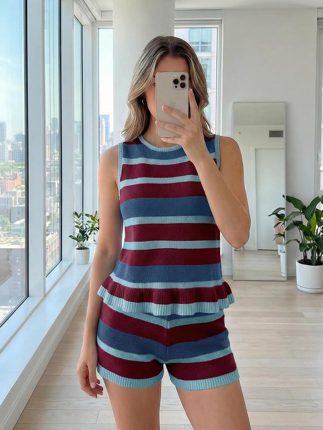 Tankaneo Womens 2 Piece Sweater Short Sets Knit Summer Casual Striped Sleeveless Peplum Tank Top and Shorts Vacation Outfits