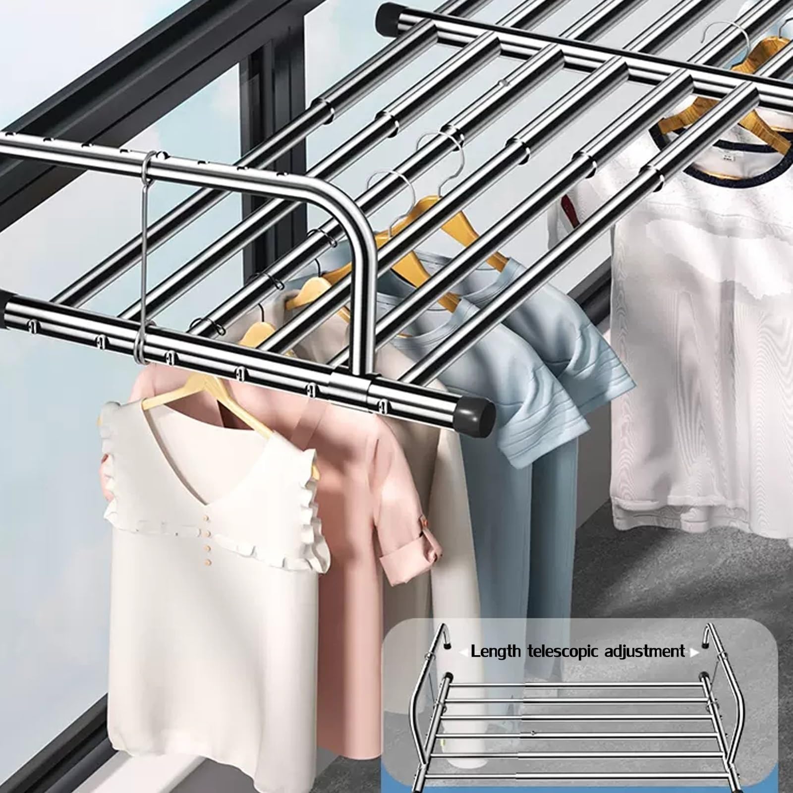 Balkonwäschetrockner Edelstahl Balkontrockner Klappbar Hängetrockner,Teleskop Balkon-Wäschetrockner，Handtuchhalter Für Das Bad, Praktisch Heizkörper-Wäscheständer, Wand Kleiderständer(62-106cm)