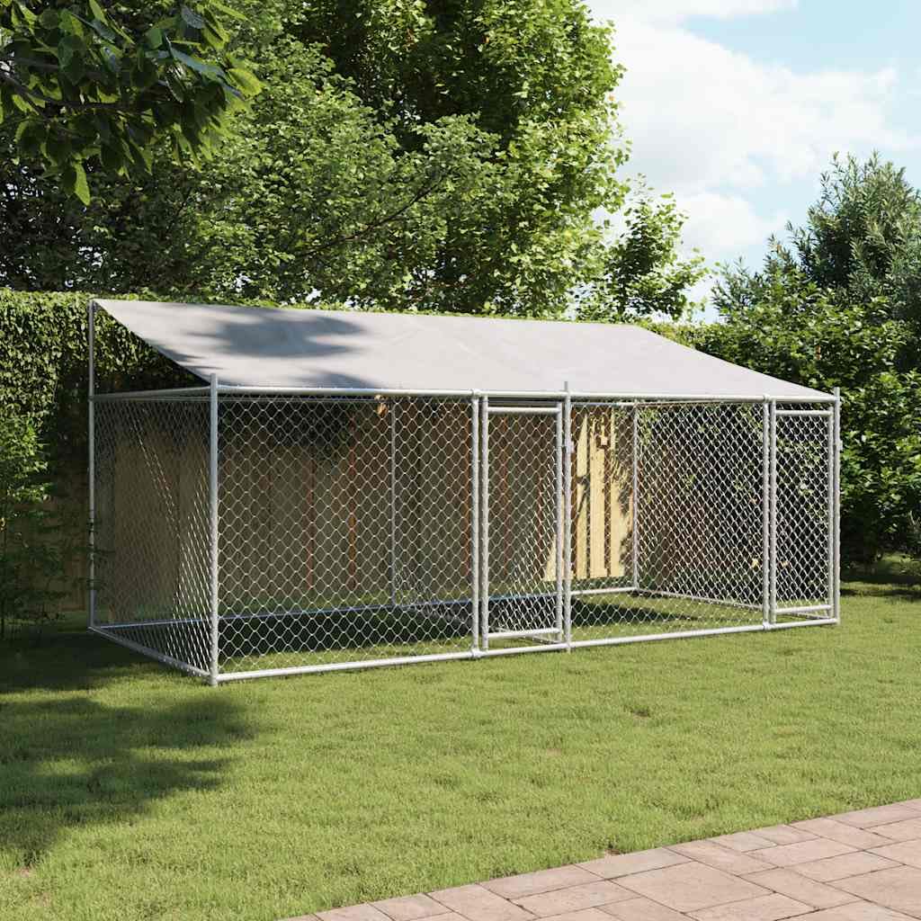 Perrera para perros de acero galvanizado 4 x 2 x 2 m con techo y puertas grises, para exteriores, para perros, cachorros, entrenamiento, protección y seguridad en el jardín o camping