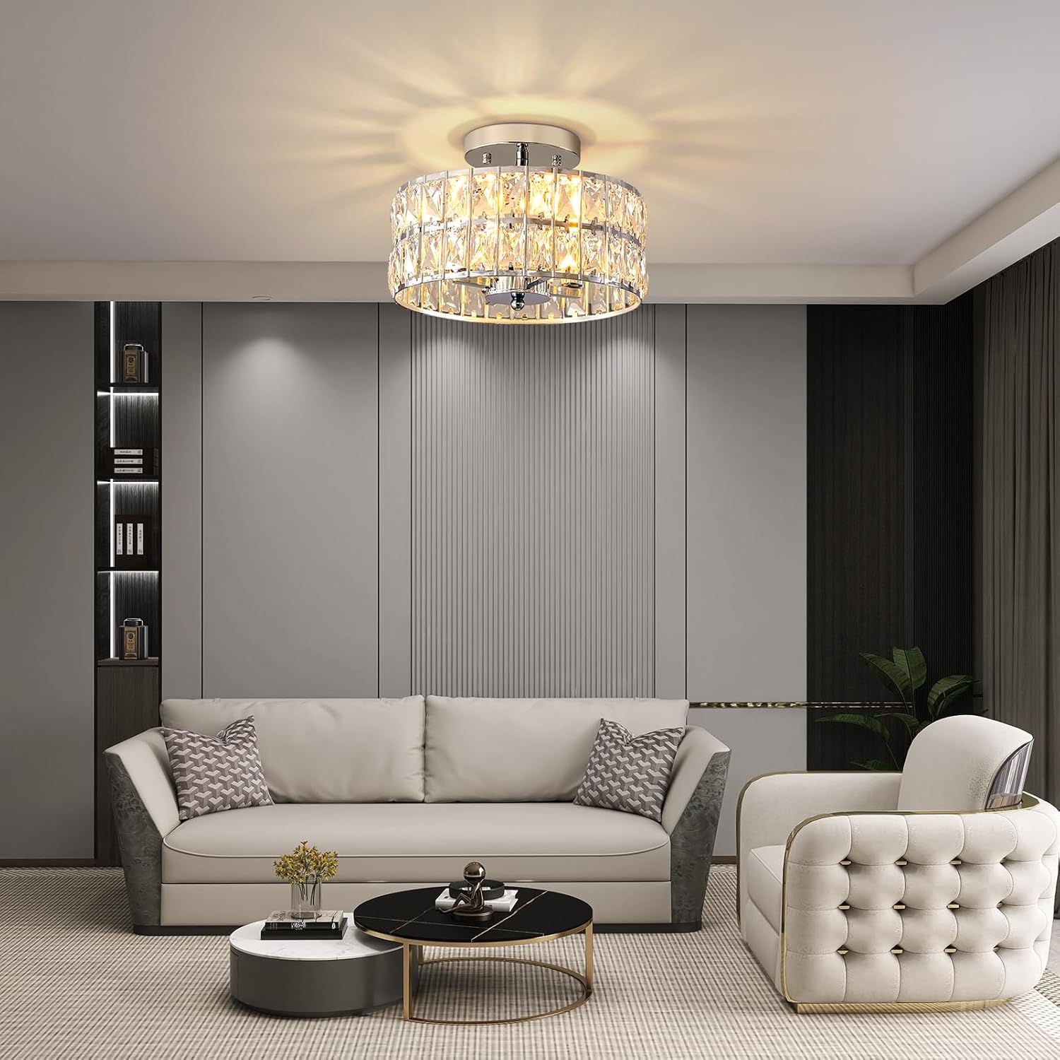 SeeU Modern Semi Flush Mount Ceiling Light Fixture Chrome Crystal Chandelier 4 Heads Chrome Crystal Celing Chandelier