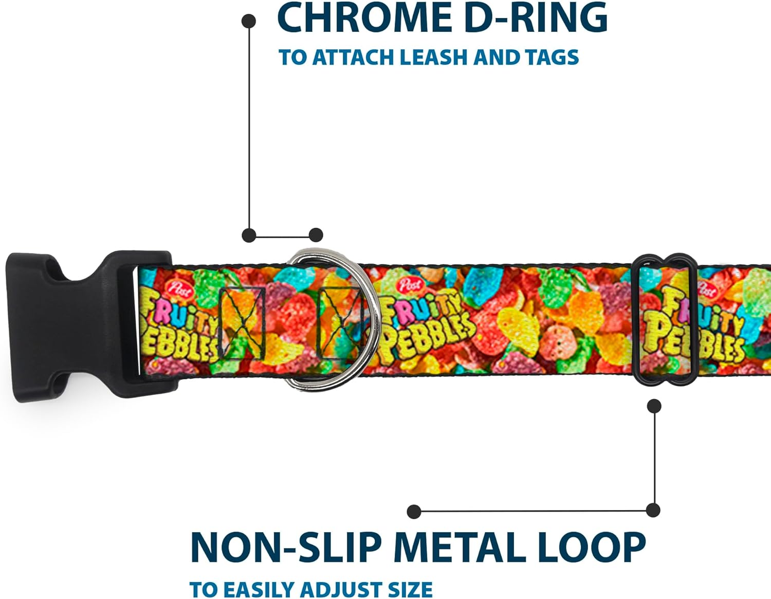 The Flintstones Pet Collar, Dog Collar Plastic Buckle, Fruity Pebbles Logo and Vivid Cereal Multi Color, 20 to 31 Inches 1.5 Inch Wide