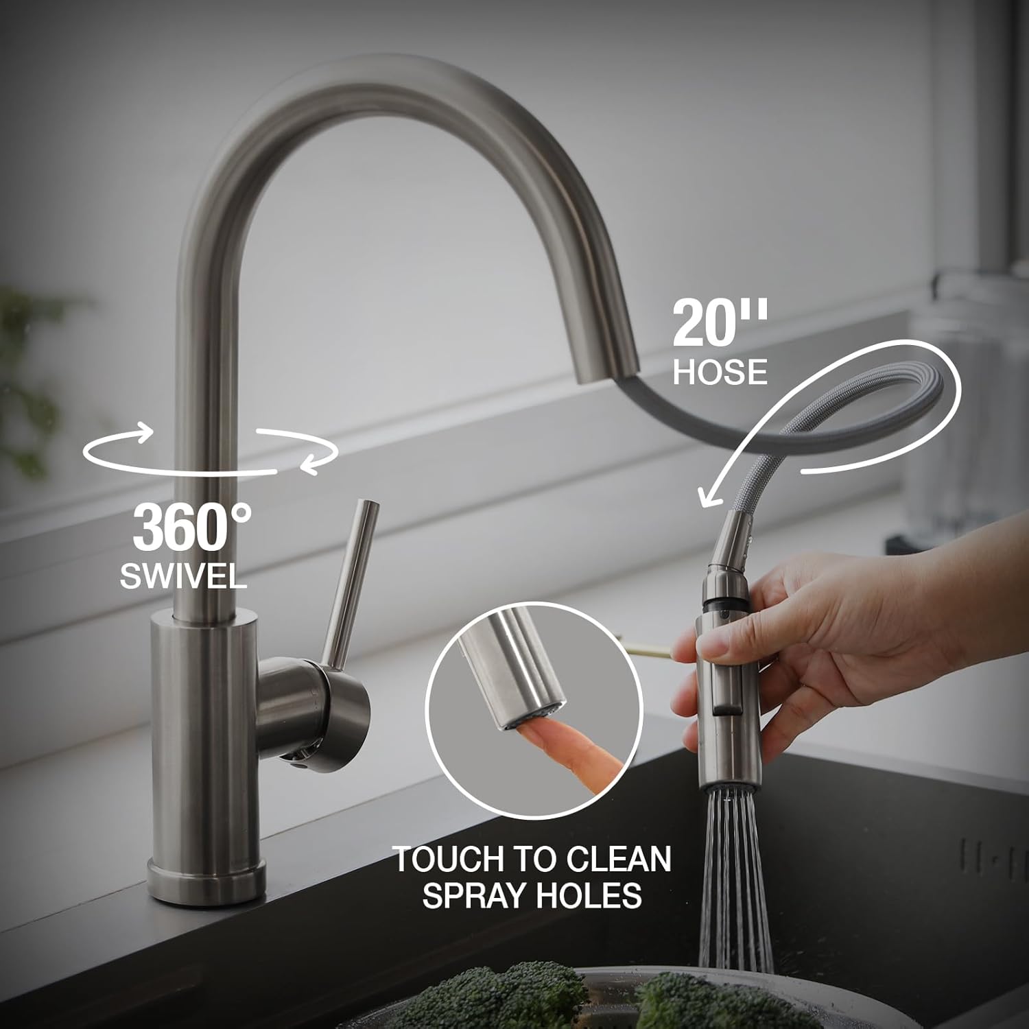 Lava Odoro Brushed Nickel Kitchen Faucet with Pull Down Sprayer, Modern Kitchen Sink Faucet Single Hole Faucet for Kitchen Sink with 2-Function Spray Head, KF1120-BN
