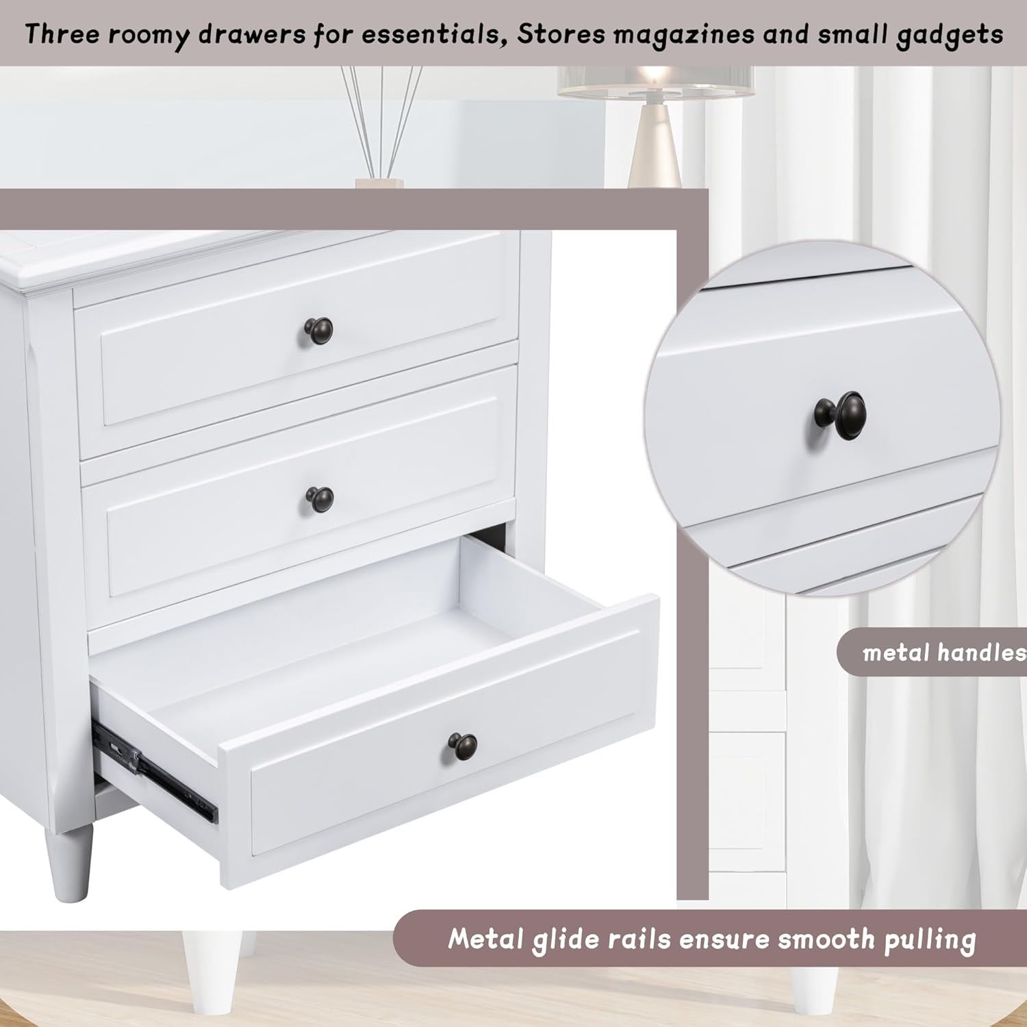 Bellemave Nightstand with 3 Drawers, Smooth Glide Rails & Metal Handles, Tapered Legs Easy Assembly, Modern Bedside Table for Small Spaces, White