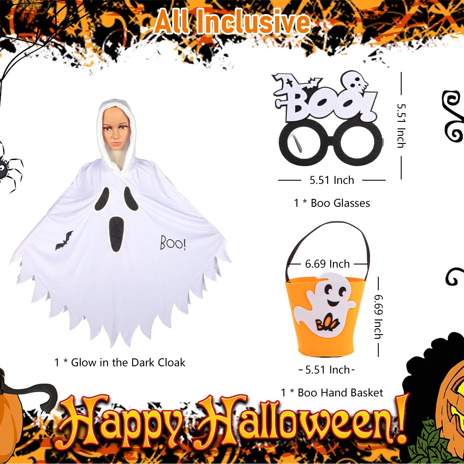 Lancry 3PCS Halloween Ghost Costume for Kids Glow in Dark Hooded Poncho with Pumpkin Basket and Skeleton Glasses - Image 2