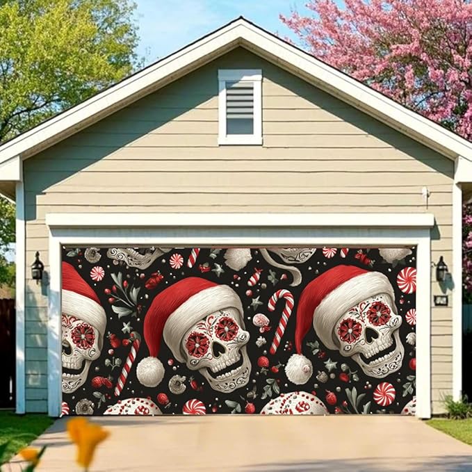 Christmas Skull Garage Door Cover Large 157x71 Inch Santa Hat Sugar Skull and Candy Cane Pattern Holiday Garage Door Banner for Outdoor Winter Yard Home Decoration