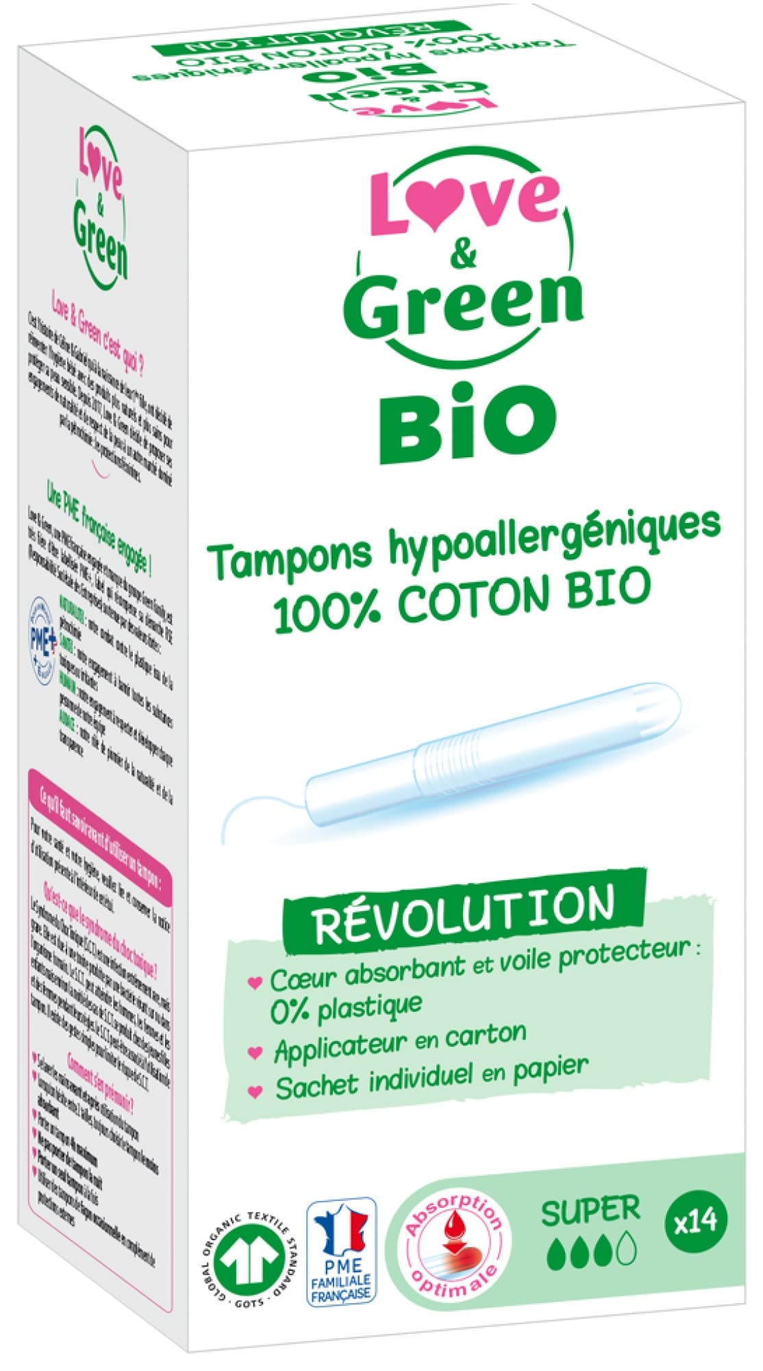 Love & Green Bio - Tamponi ipoallergenici con applicatore, 1 x 14 pezzi
