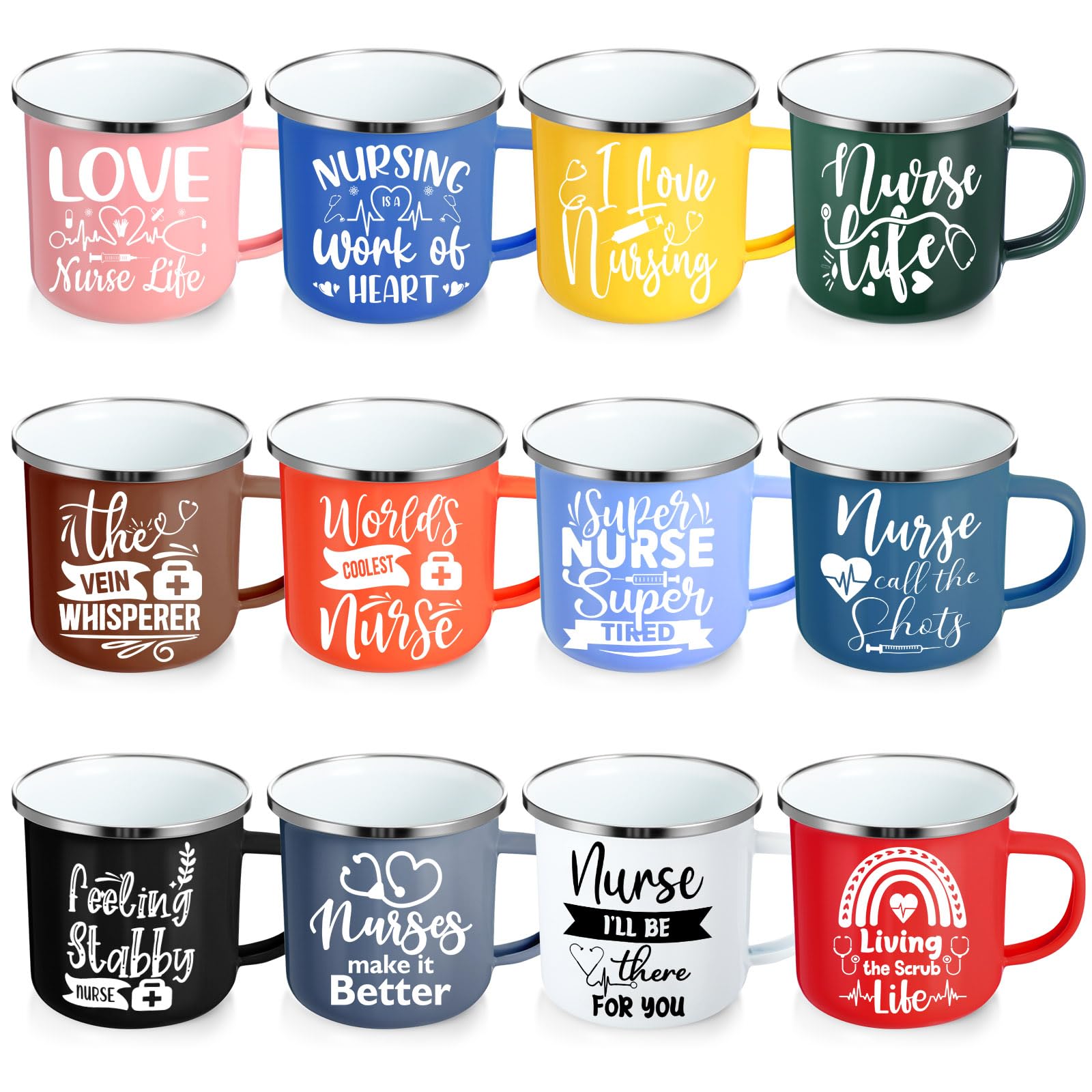 Sieral 12 Pcs Nurse Week Gifts 12 oz Nurses Mug Bulk 2025 Coffee Enamel Cups Set with Handles Motivational Tumbler for Women Doctor Student Graduation School Thank You Gifts(Novel)