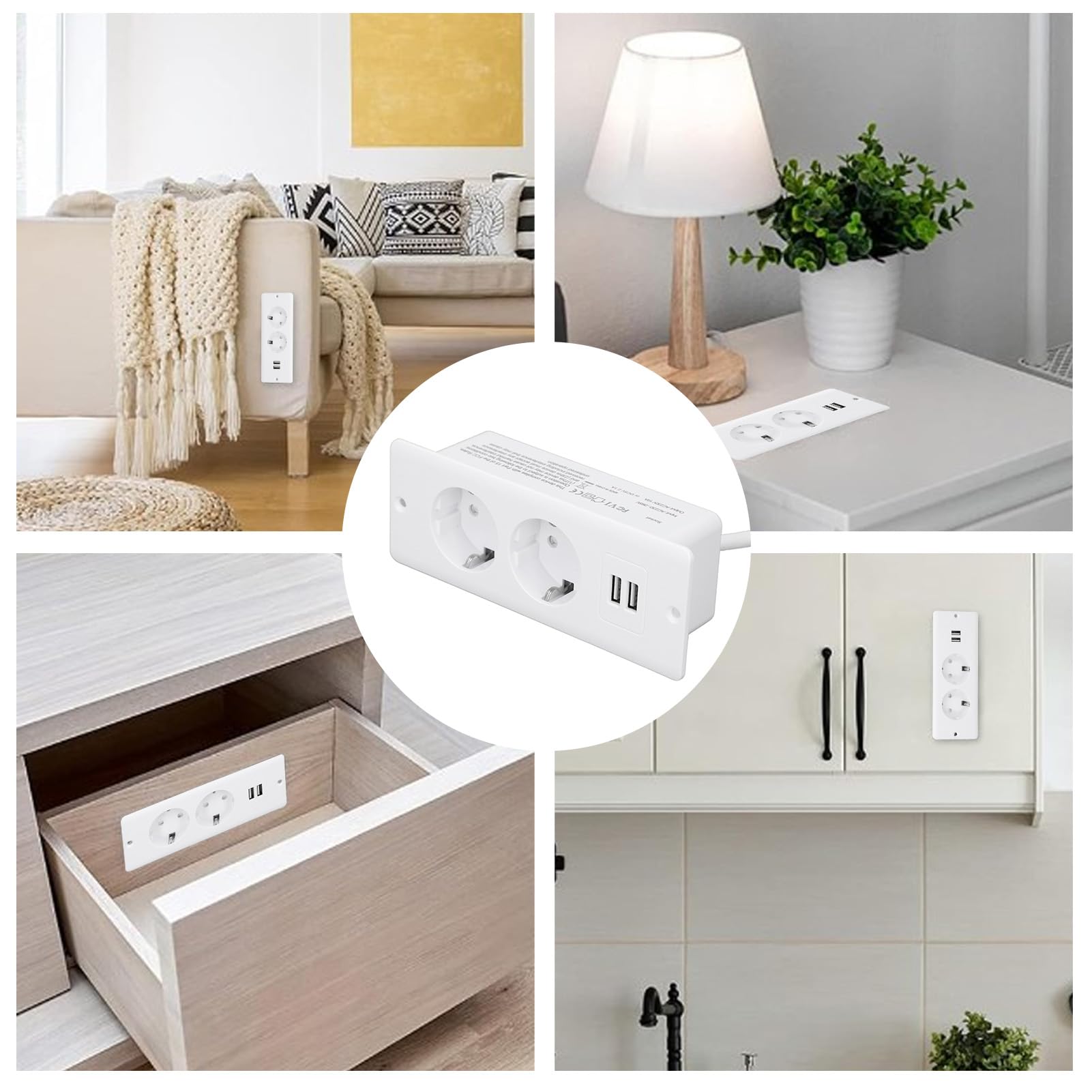 Hub di Alimentazione Presa Multipla Scrivania Incasso 2 USB 2 Porte CA 230-265 V 10A Tavolo Incorporata Spina UE per Attrezzature Meccaniche per Mobili (WHITE)