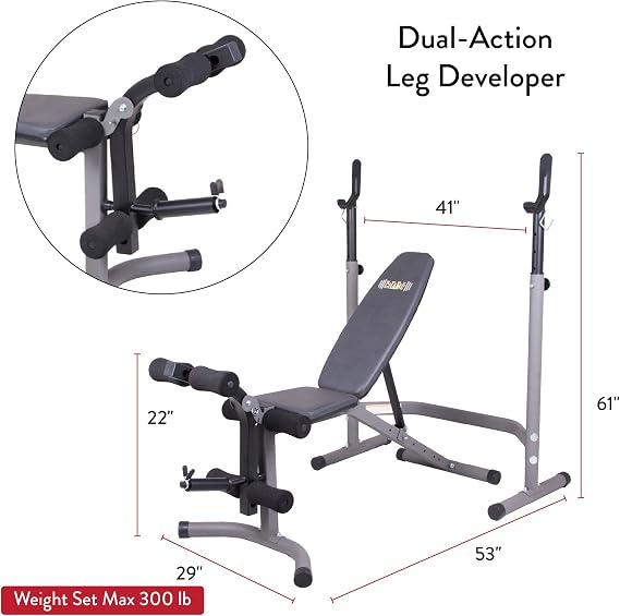 Body Champ Olympic Weight Bench with Leg Extension Curl Lift Developer Attachment / 2 piece Combo Bench and Squat Rack Stand BCB3780