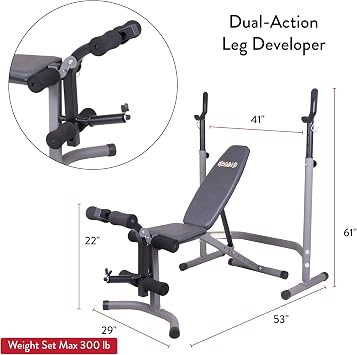 Body Champ Olympic Weight Bench with Leg Extension Curl Lift Developer Attachment / 2 piece Combo Bench and Squat Rack Stand BCB3780