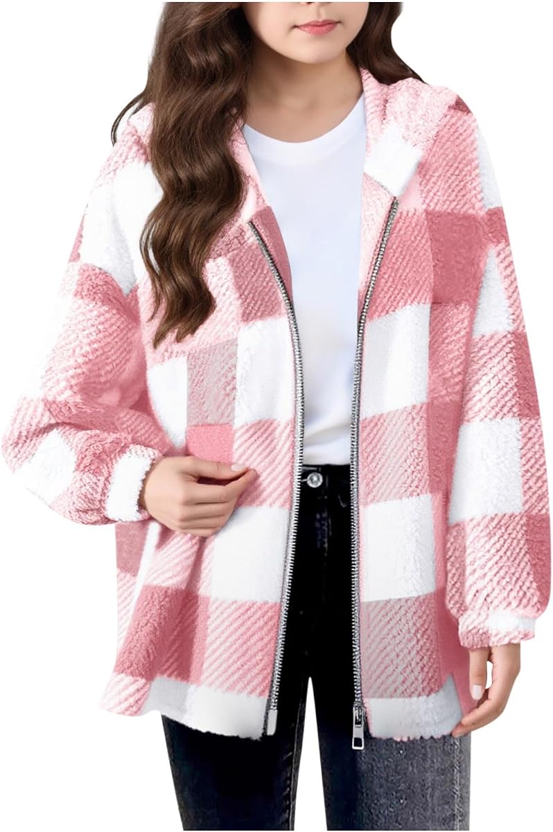 Girls Fleece Jacket with Pocket Zip up Hooded Plaid Shacket Kids Long Sleeve Sherpa Winter Warm Outwear Teen Clothes