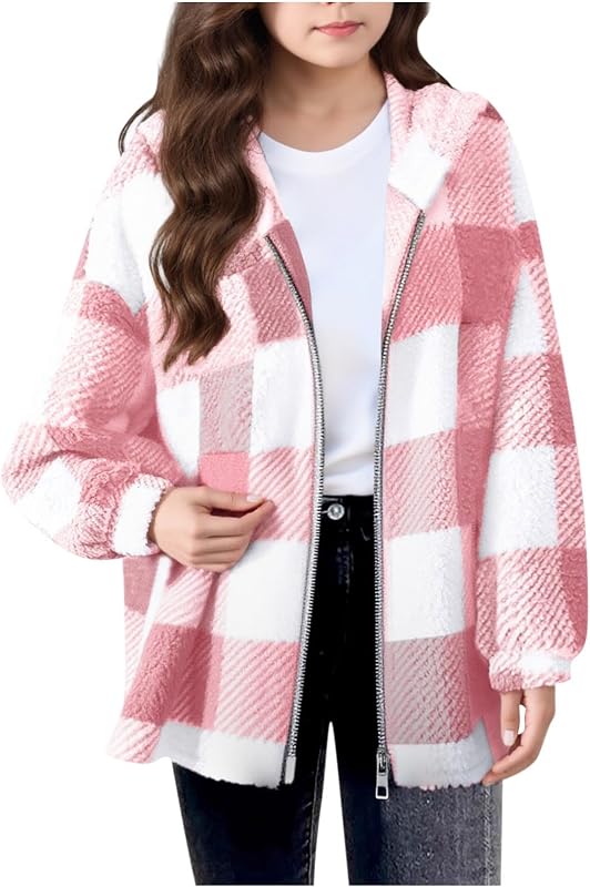 Girls Fleece Jacket with Pocket Zip up Hooded Plaid Shacket Kids Long Sleeve Sherpa Winter Warm Outwear Teen Clothes