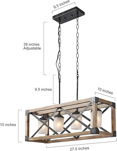 Miniatura 4 de LALUZ Lámpara de araña de granja para comedor, iluminación de isla de cocina de madera, 27.5 pulgadas de largo